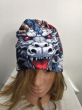 Graphic Dragon Beanie Hat in Red, White & Blue